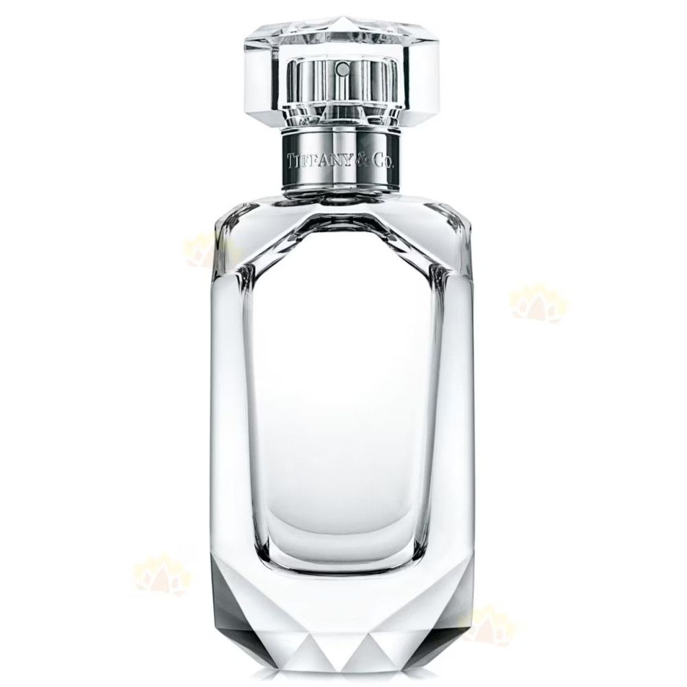Transparenter Parfumflakon mit facettiertem Boden und Deckel. Silberfarbener Hals mit Aufschrift "Tiffany & Co.".