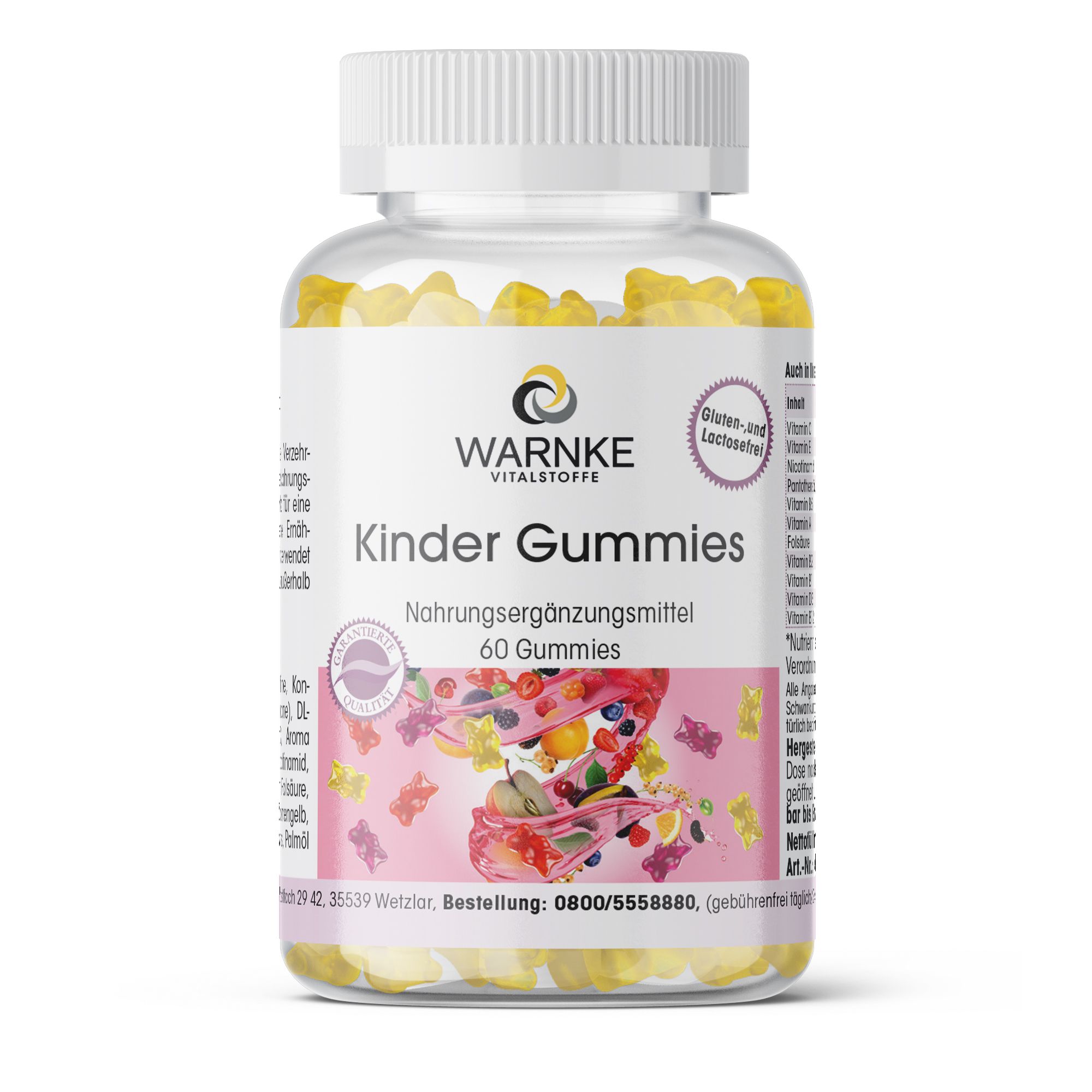 Klare Flasche mit gelben Gummibärchen. Aufschrift: Warnke Vitalstoffe Kinder Gummies, 60 Stück. Gluten- und laktosefrei.