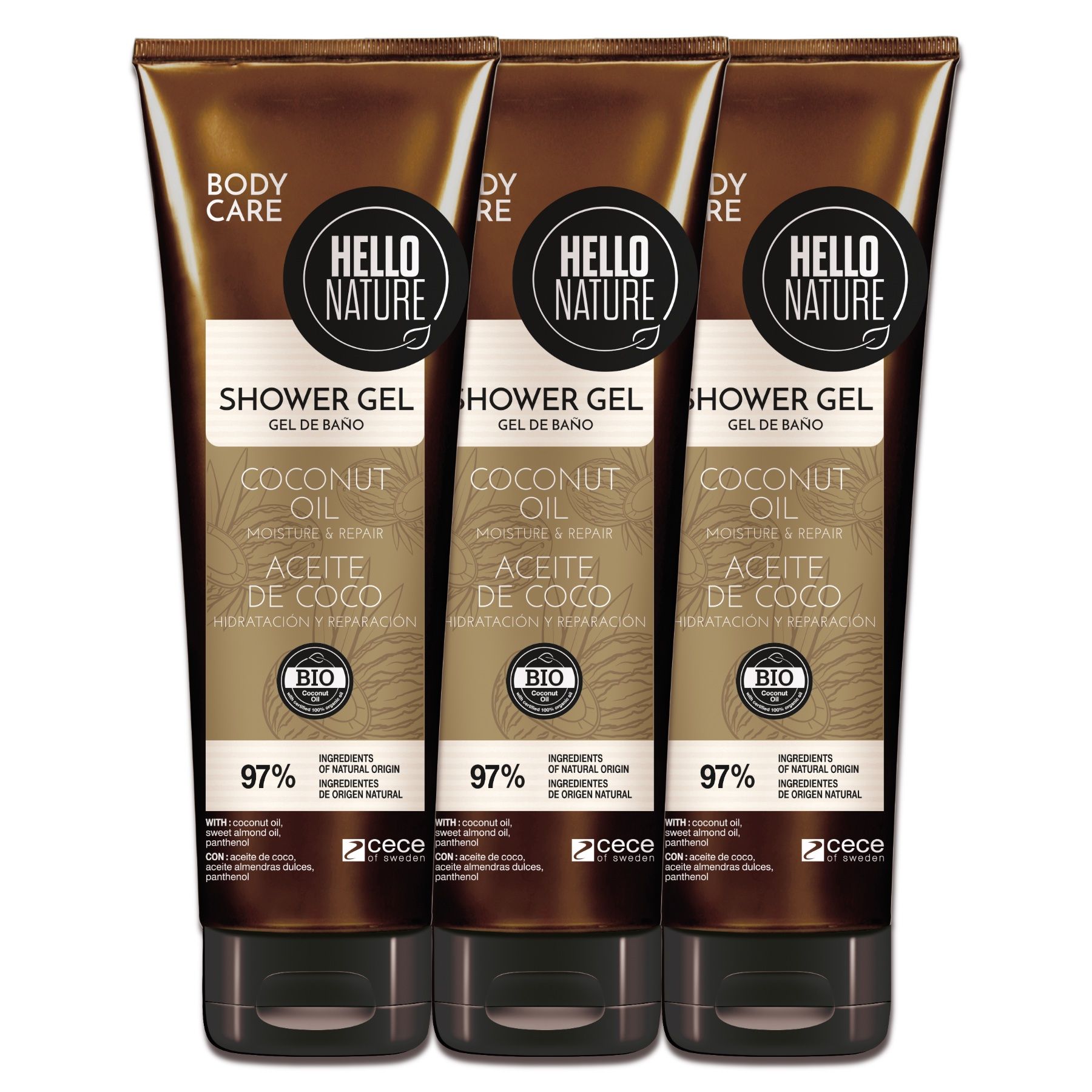 Drei Tuben Duschgel mit Kokosöl. Auf jeder Tube steht "Hello Nature", "Shower Gel", "Coconut Oil" und "Aceite de Coco".