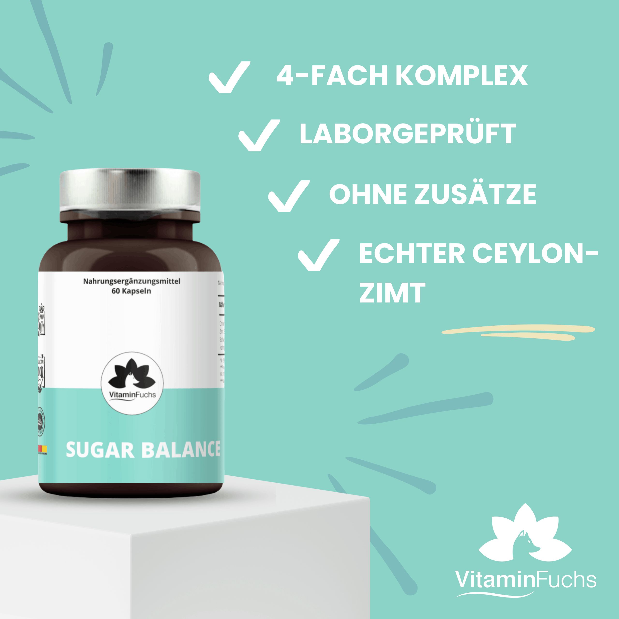 Braune Flasche mit weißem Etikett. Aufschrift: Sugar Balance. Logo: VitaminFuchs. Text: 4-fach Komplex, Laborgeprüft, ohne Zusätze, echter Ceylon-Zimt.