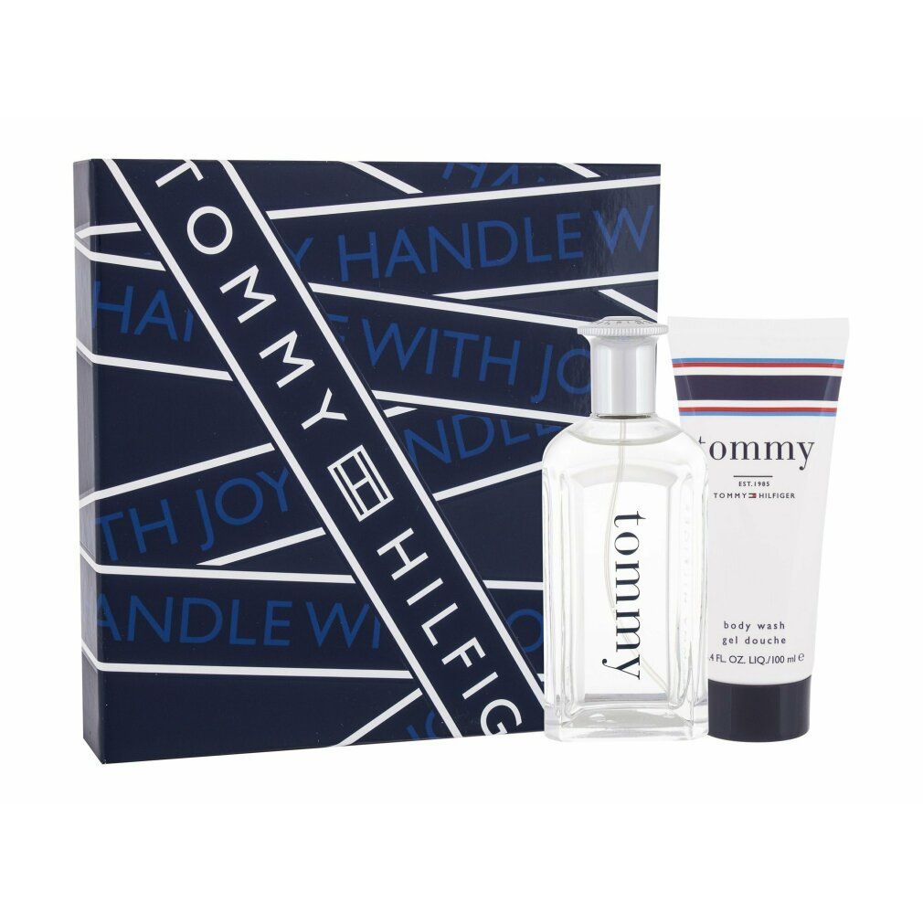 Geschenkset mit Tommy Hilfiger Eau de Toilette, Duschgel und Box. Blaue Box mit weißem Logo. Flakon und Tube.