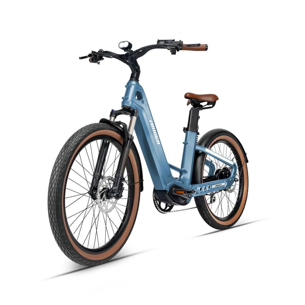 Blaues E-Bike mit braunem Sattel und Reifen. Schwarze Gabel und Lenker. MIHOGO-Logo.