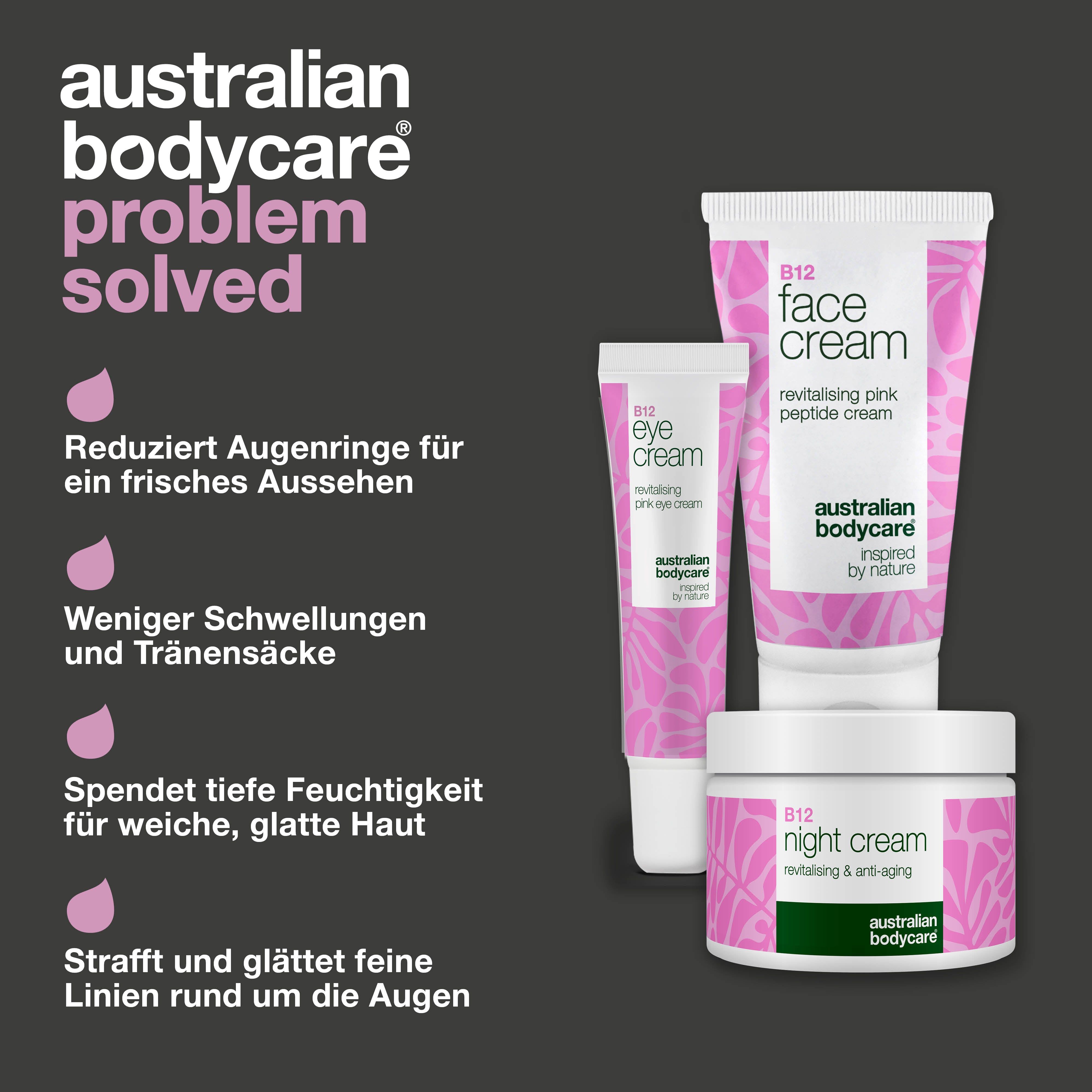 Drei Kosmetikprodukte: Face, Eye und Night Cream. Text: Australian Bodycare, Problem gelöst. Pinke Tropfen.