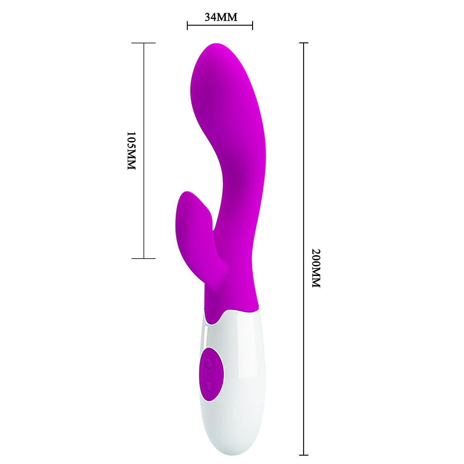 Lila-weißer Vibrator. Maße: 200mm lang, 34mm breit, 105mm hoch. Zwei Knöpfe.