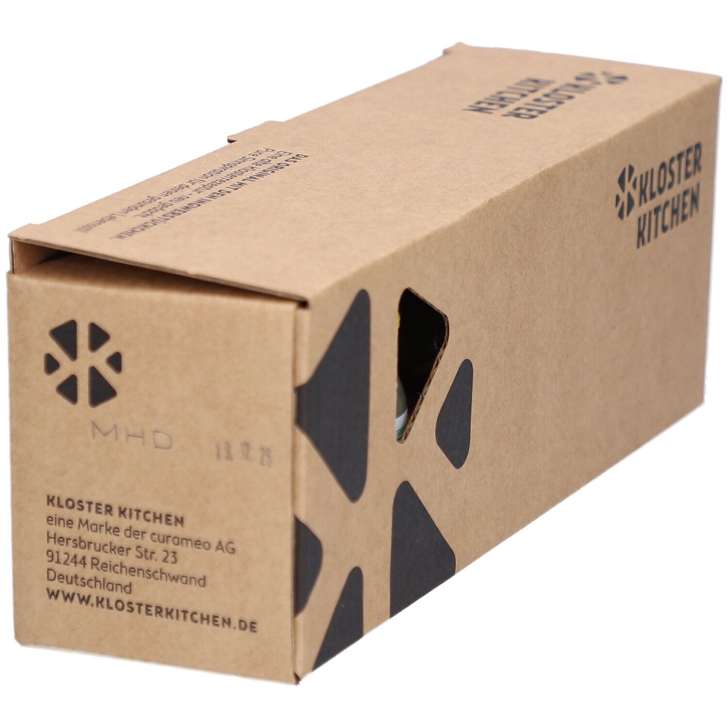 Braune Kartonverpackung mit dem Logo von Kloster Kitchen. Auf der Verpackung sind Informationen und das Logo abgebildet.