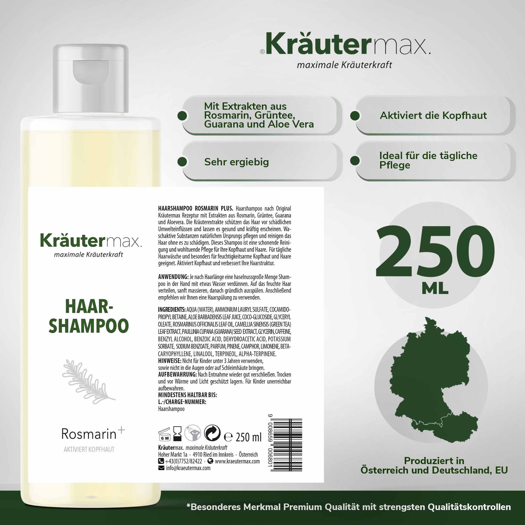 Kräutermax Haarshampoo. Flasche mit Etikett. Inhaltsstoffe: Rosmarin, Guarana, Aloe Vera. 250 ml. Hergestellt in Österreich und Deutschland.