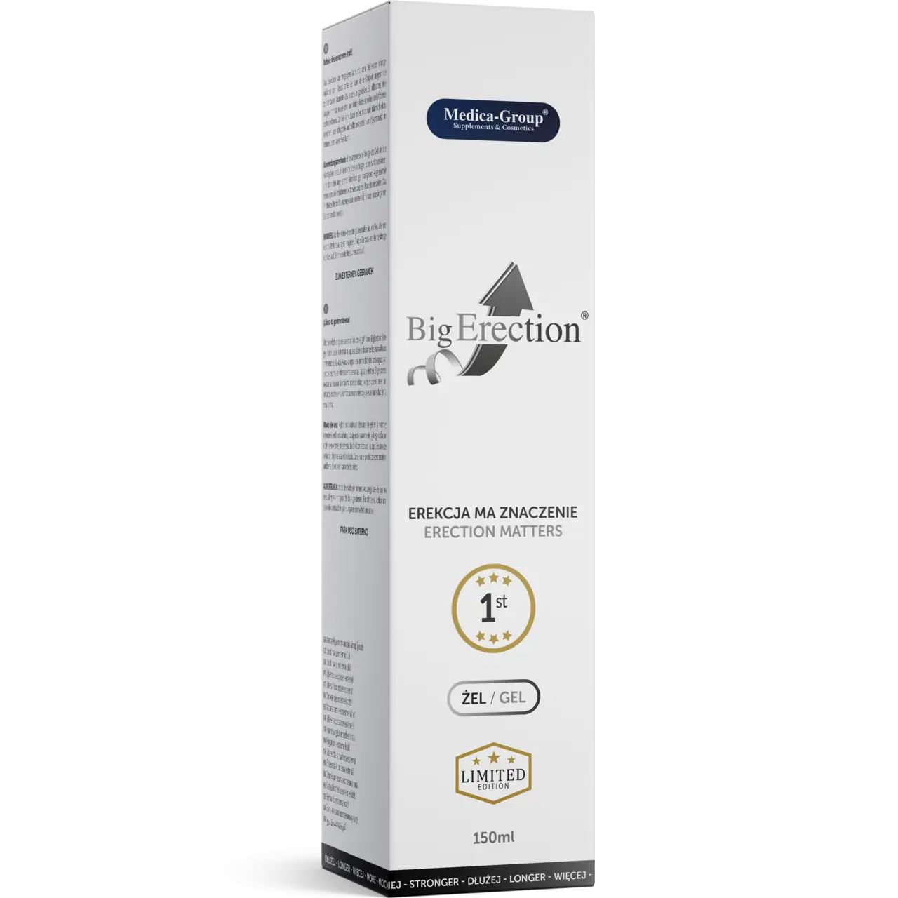 Weiße Verpackung mit Produktnamen und Logo. Text: Erektion hat Bedeutung. 1st, Gel. Limited Edition. 150ml.