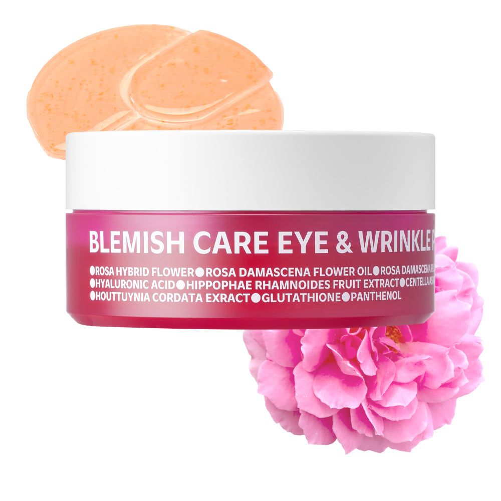 Rosa-Blüten-Extrakt-Augenpflaster und Produktverpackung. Rosa Behälter mit weißem Deckel. Text: Blemish Care Eye & Wrinkle.