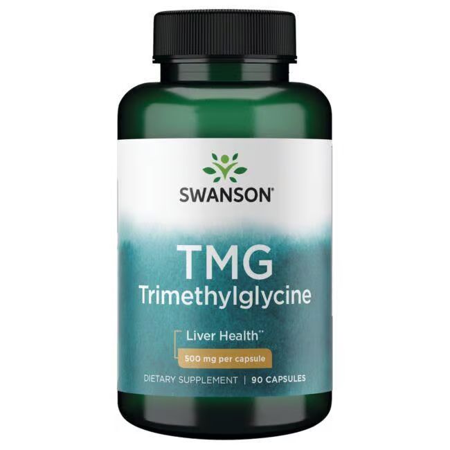 Grüne Flasche mit weißem Etikett. Aufschrift: SWANSON, TMG Trimethylglycin, 500 mg pro Kapsel. 90 Kapseln.