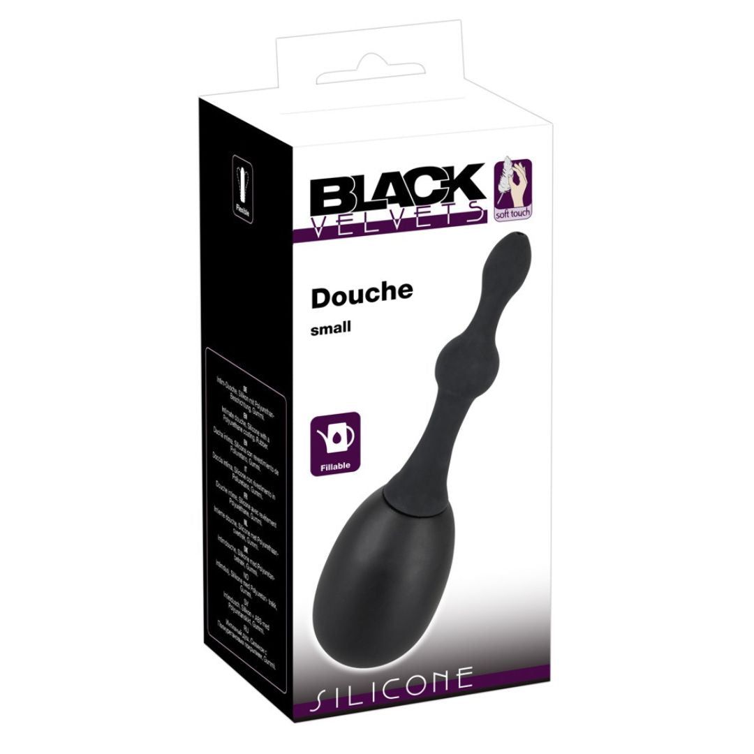 Verpackung der Anal-Dusche. Aufschrift: Black Velvets, Douche, small, Silicone.