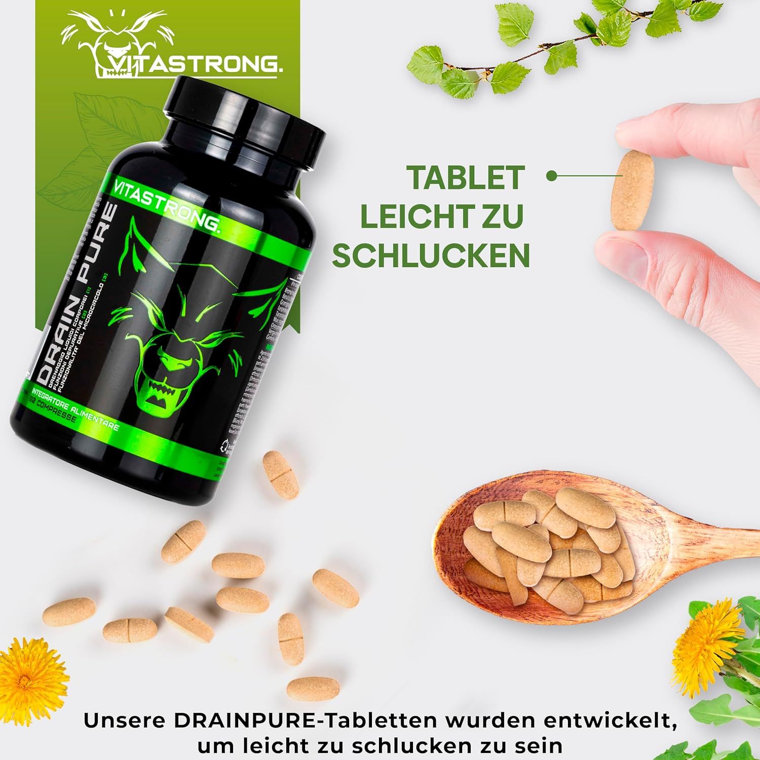 Vitastrong Drainpure. Schwarze Flasche mit Tabletten. Tabletten in Holzlöffel. Text: leicht zu schlucken.