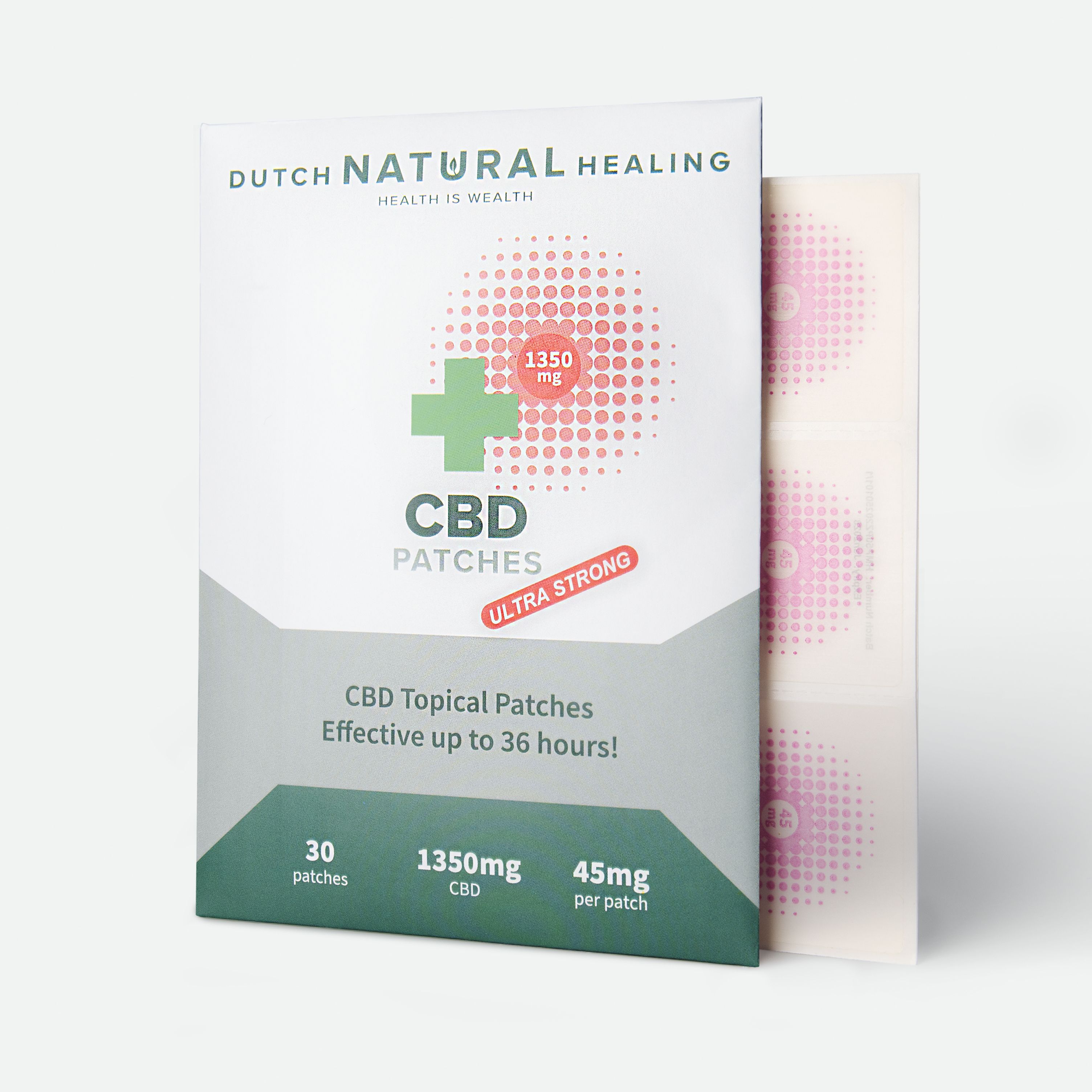 Verpackung mit CBD-Pflastern. Auf der Verpackung steht 'Dutch Natural Healing'. Enthält 30 Pflaster, 1350mg CBD.