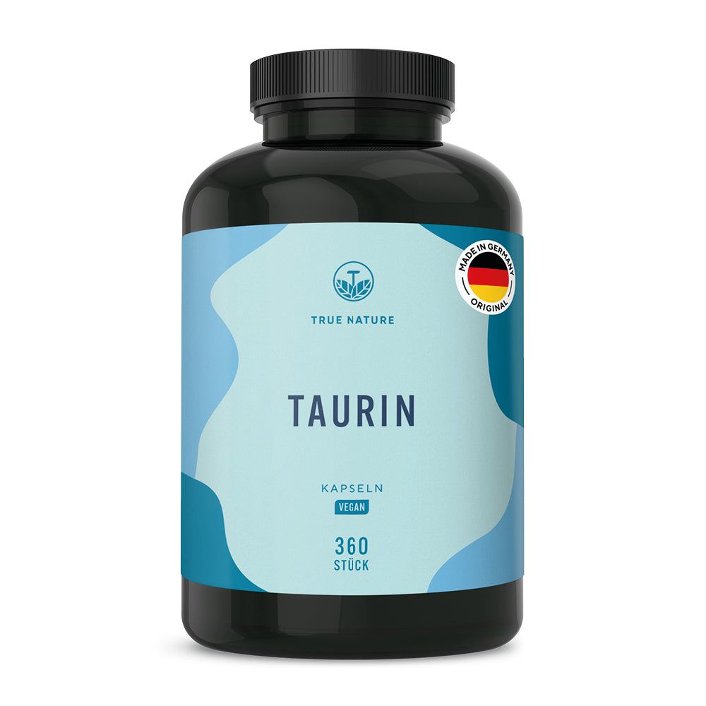 TRUE NATURE® Taurin Kapseln: Schwarze Dose mit blauem Etikett, 360 Stück.