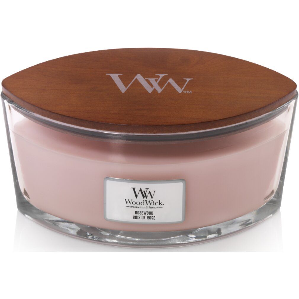 Kerze mit Holzdeckel. Rosa Wachs in Glasbehälter. Auf dem Deckel steht WW. Auf dem Etikett steht Rosewood.