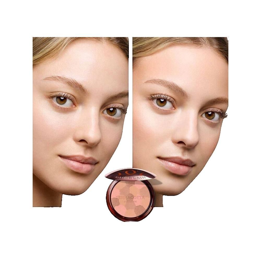 Zwei Gesichter, links ohne, rechts mit Puder. Darunter Kompaktpuder mit Aufschrift Terracotta Guerlain.