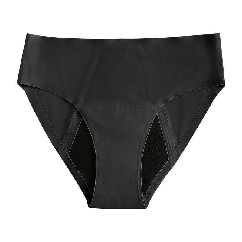 Schwarze Periodenunterwäsche. Dreieckiger Schnitt, breiter Bund, verstärkter Schrittbereich.