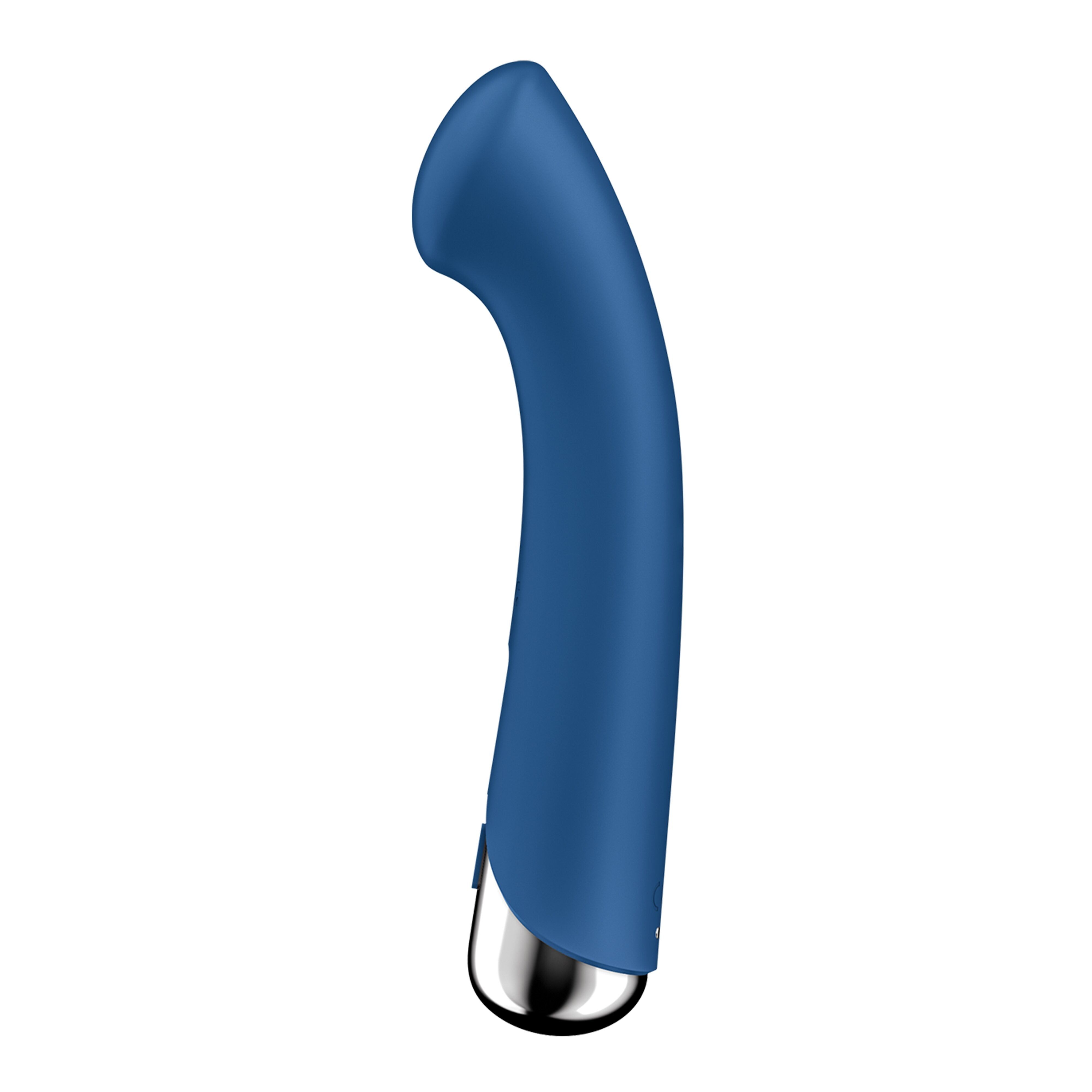 Blauer Vibrator mit silberfarbenem Ende. Gebogene Form mit abgerundeter Spitze. SF-Logo sichtbar.
