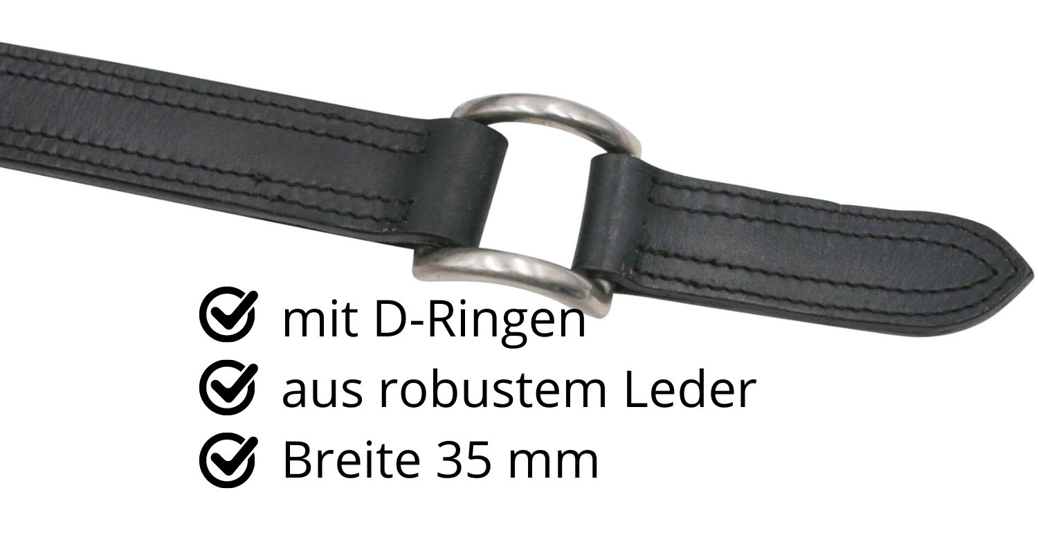 Schwarzer Lederriemen mit D-Ring. Breite 35 mm. Aus robustem Leder gefertigt.