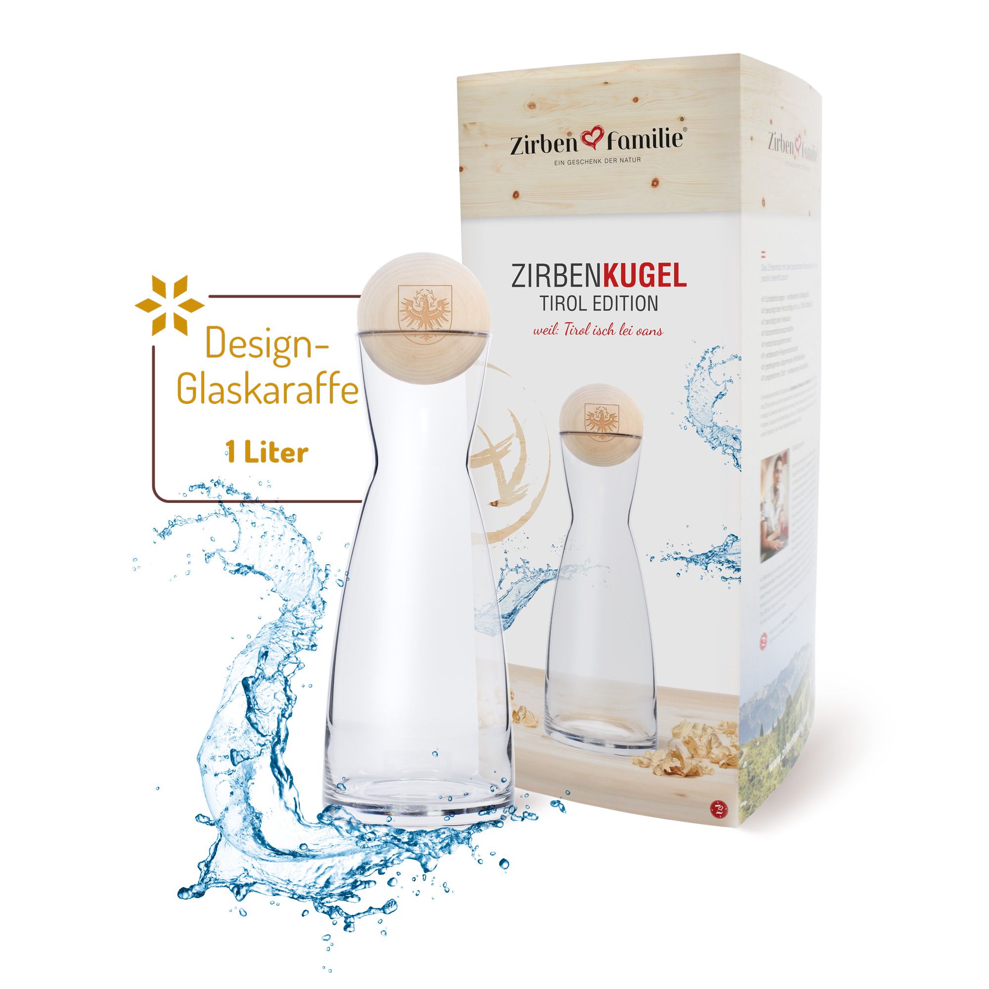 Glas-Karaffe mit Holzkugel und Verpackung. Text: ZirbenKugel Tirol Edition. 1 Liter. Wasser-Illustration.