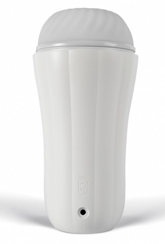 Weißes Wellness-Produkt. Rückansicht mit Ladeanschluss und CE-Zeichen.