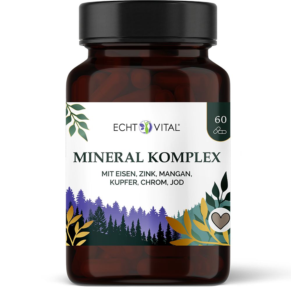 Echt Vital Mineral Komplex: Braune Dose mit 60 Kapseln, enthält Eisen, Zink, Mangan, Kupfer, Chrom, Jod.