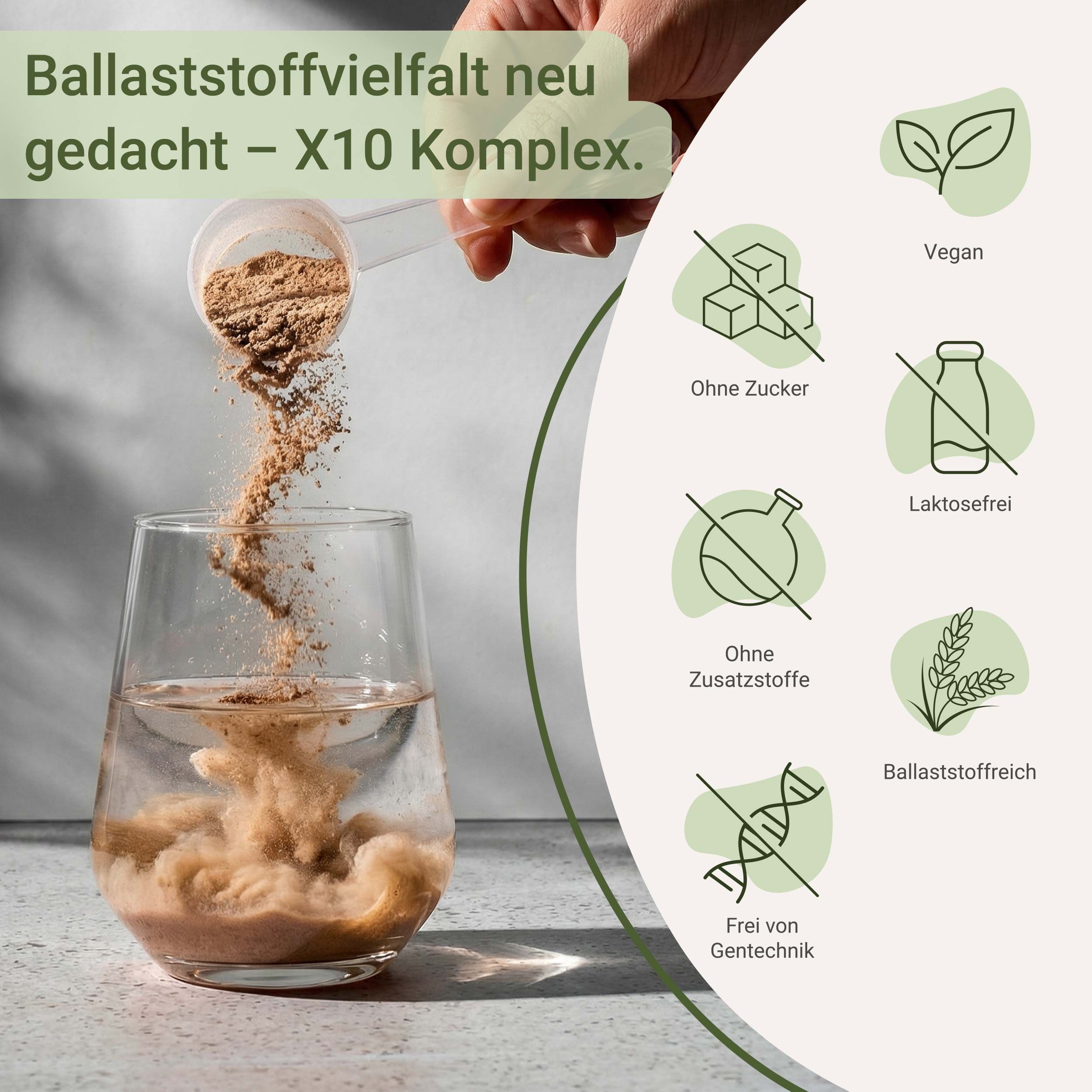 Pulver wird in ein Glas Wasser geschüttet, daneben Icons zu Inhaltsstoffen.