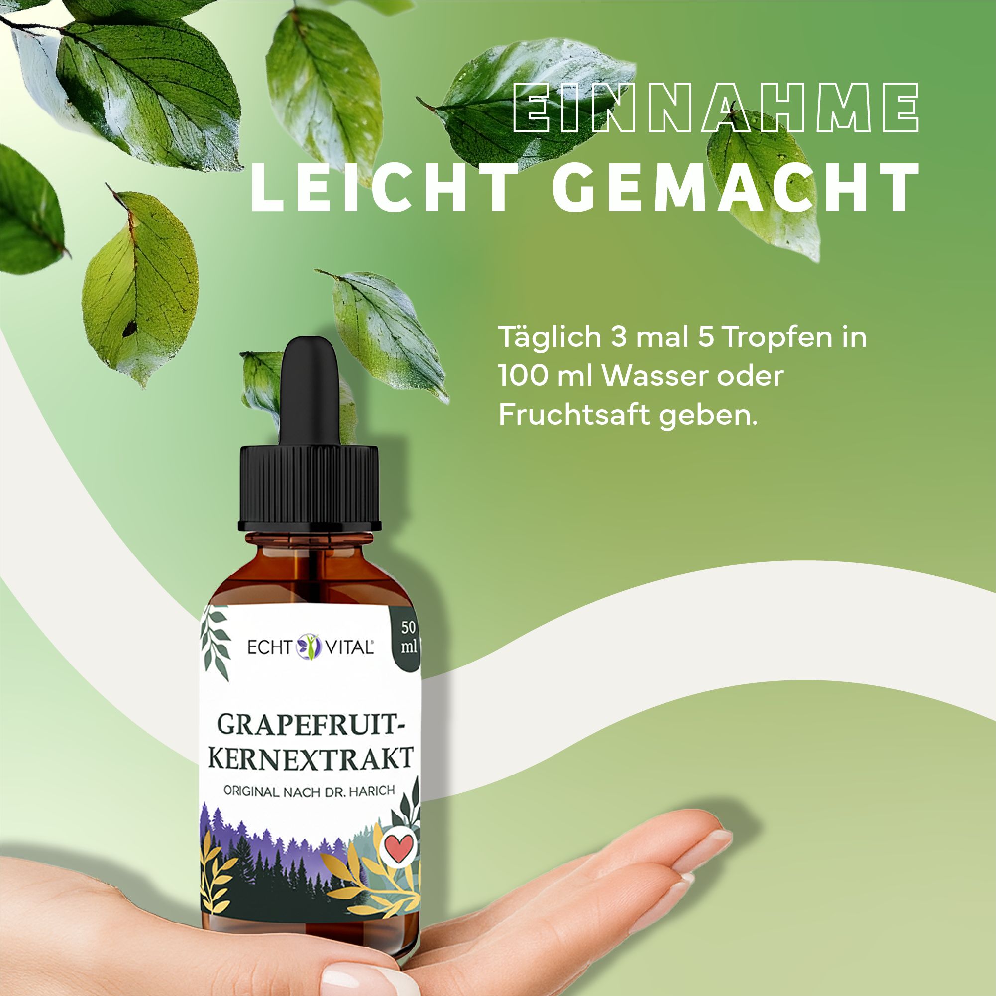 Braune Glasflasche mit schwarzem Tropfer, gehalten in einer Hand. Etikett mit Produktname und Logo. Text: Einnahme leicht gemacht. 50 ml.