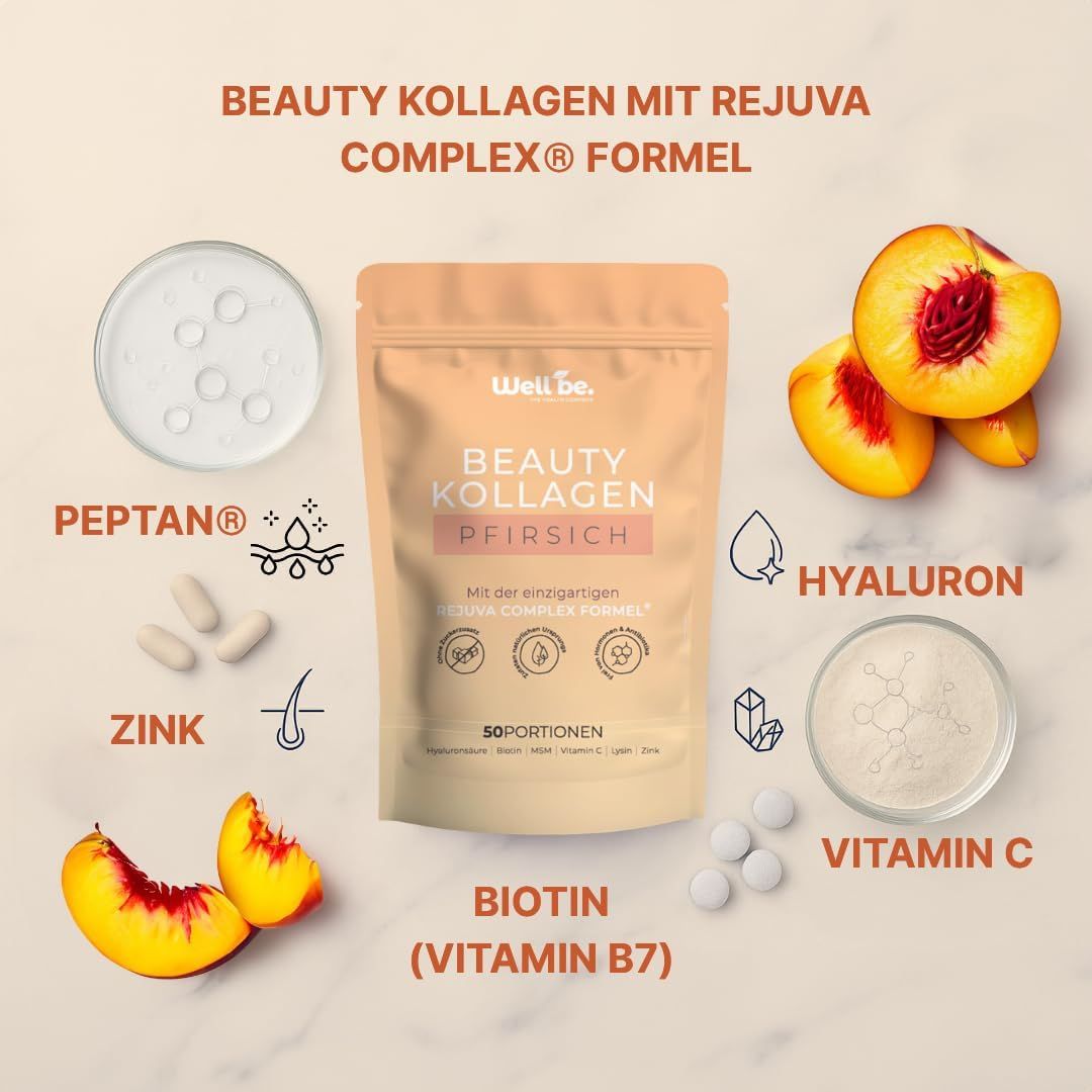 Well. Be. Beauty Kollagen Pfirsich mit Zutaten wie Hyaluron, Zink, Biotin, Vitamin C.
