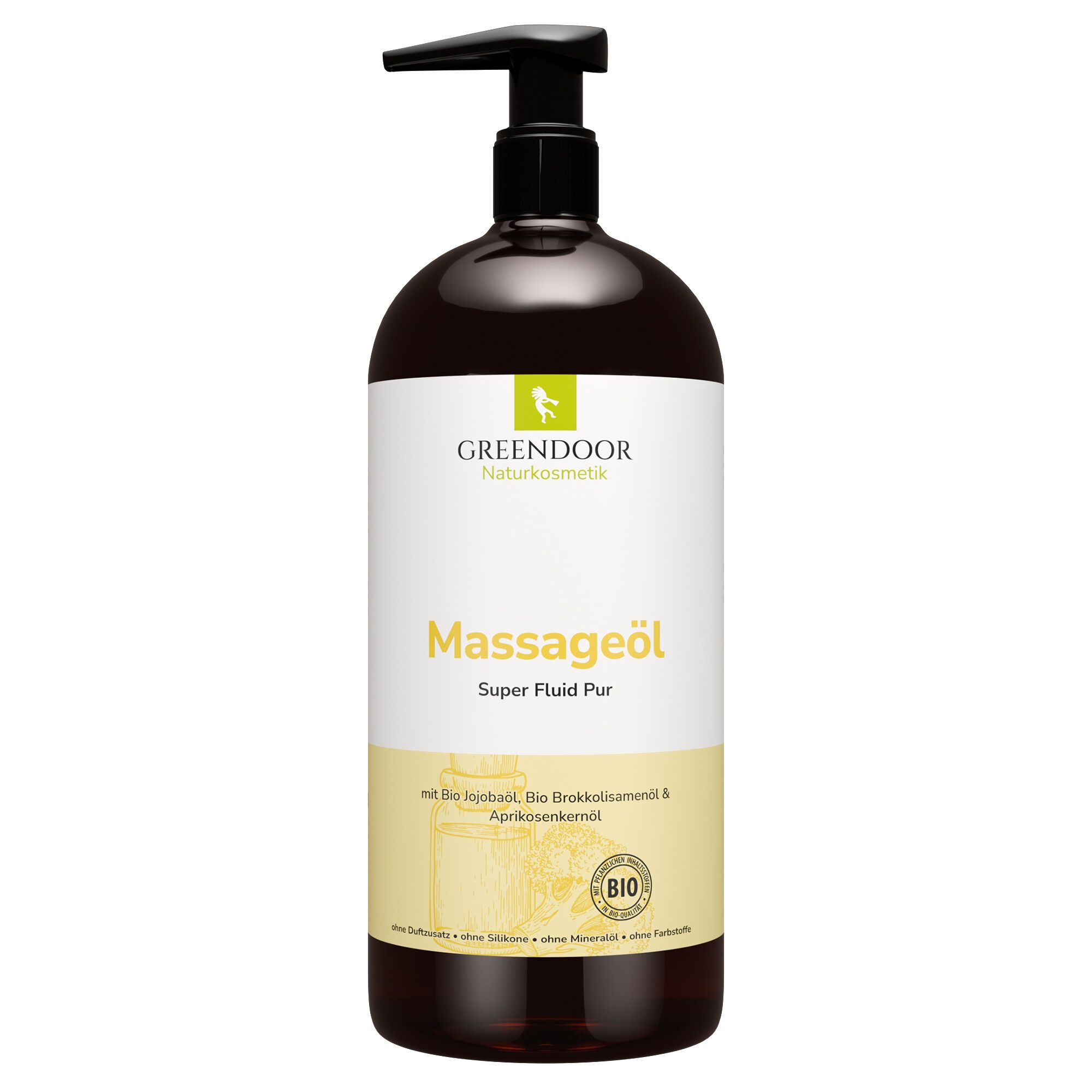Braune Flasche mit schwarzem Pumpkopf. Aufschrift: GREENDOOR Naturkosmetik, Massageöl Super Fluid Pur, Bio-Siegel.