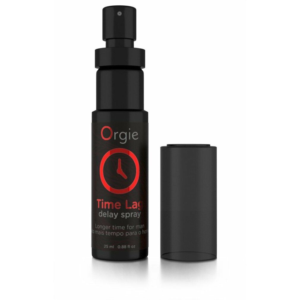 Schwarze Sprühflasche mit rotem Logo und Schriftzug. Kappe daneben. Produktname: Time Lag Delay Spray.