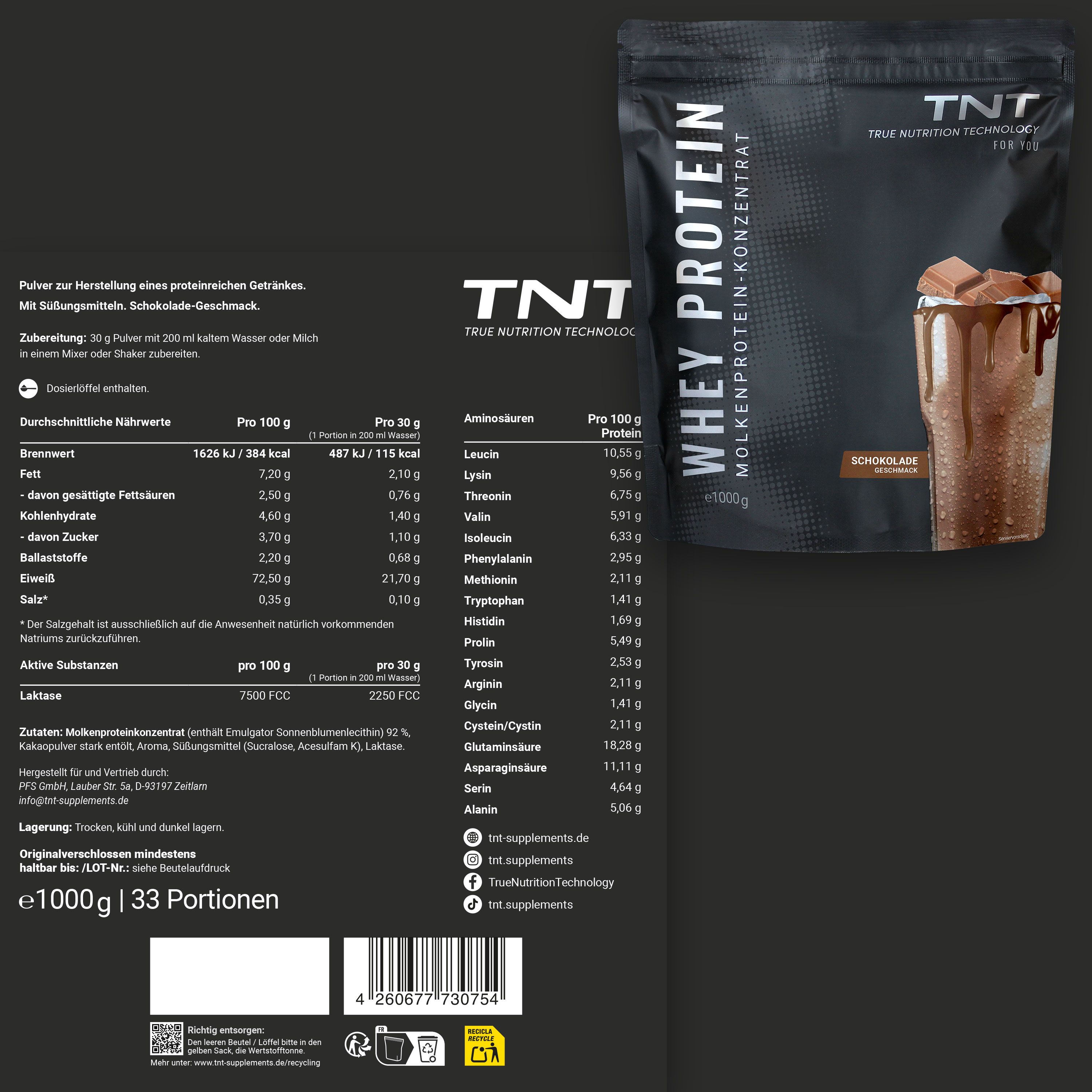 TNT Whey Protein Konzentrat Packung und Nährwerttabelle. Aufdruck: Whey Protein, Molkenprotein-Konzentrat, Schokolade. Text und Nährwertangaben.
