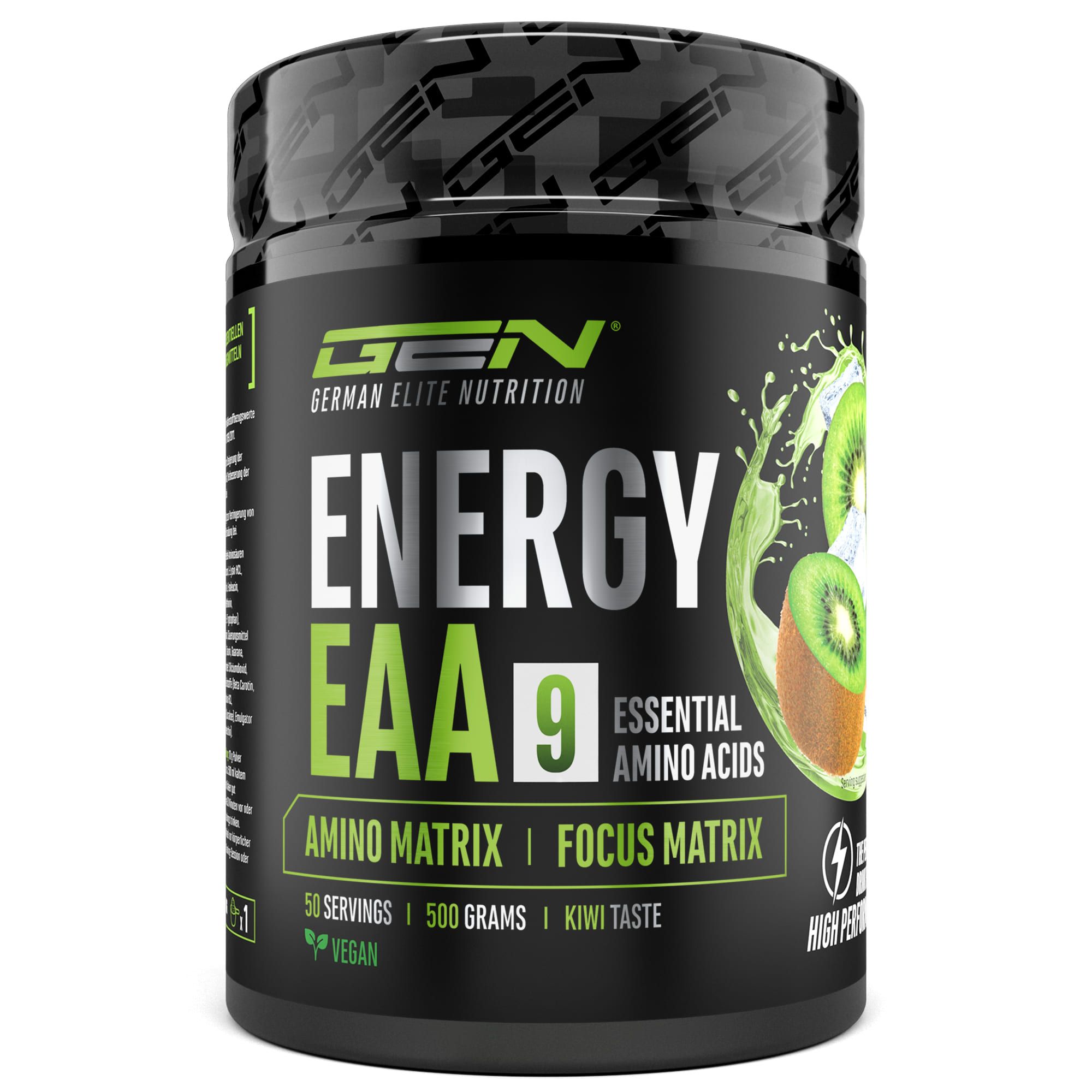 Schwarze Dose mit GEN Energy EAA 9. Aufschrift: Energy EAA 9, Essential Amino Acids, Kiwi Taste. Vegan.