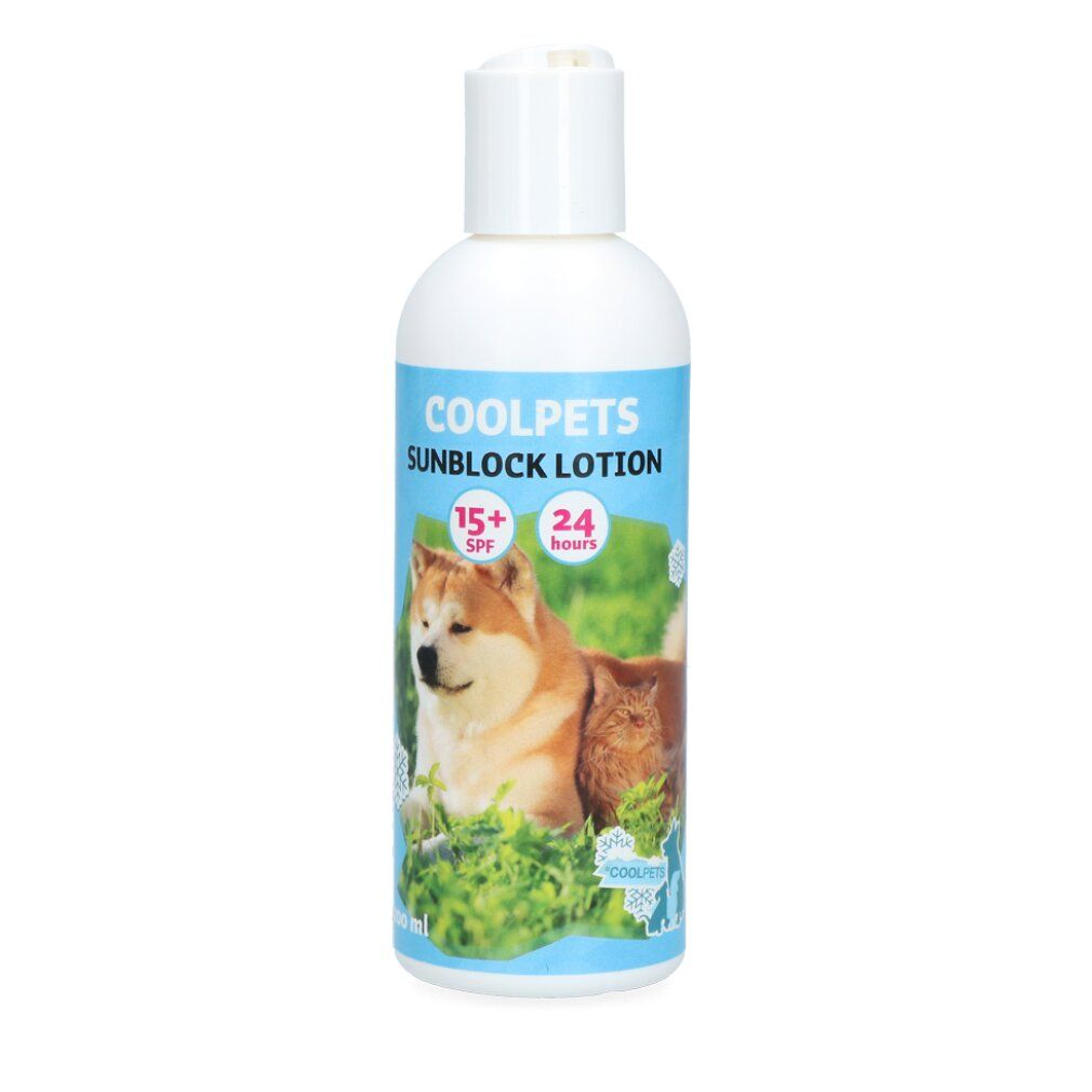 Weiße Flasche mit COOLPETS Sunblock Lotion-Etikett. Enthält SPF 15+ und 24 Stunden Schutz. Abgebildet sind ein Hund und eine Katze.