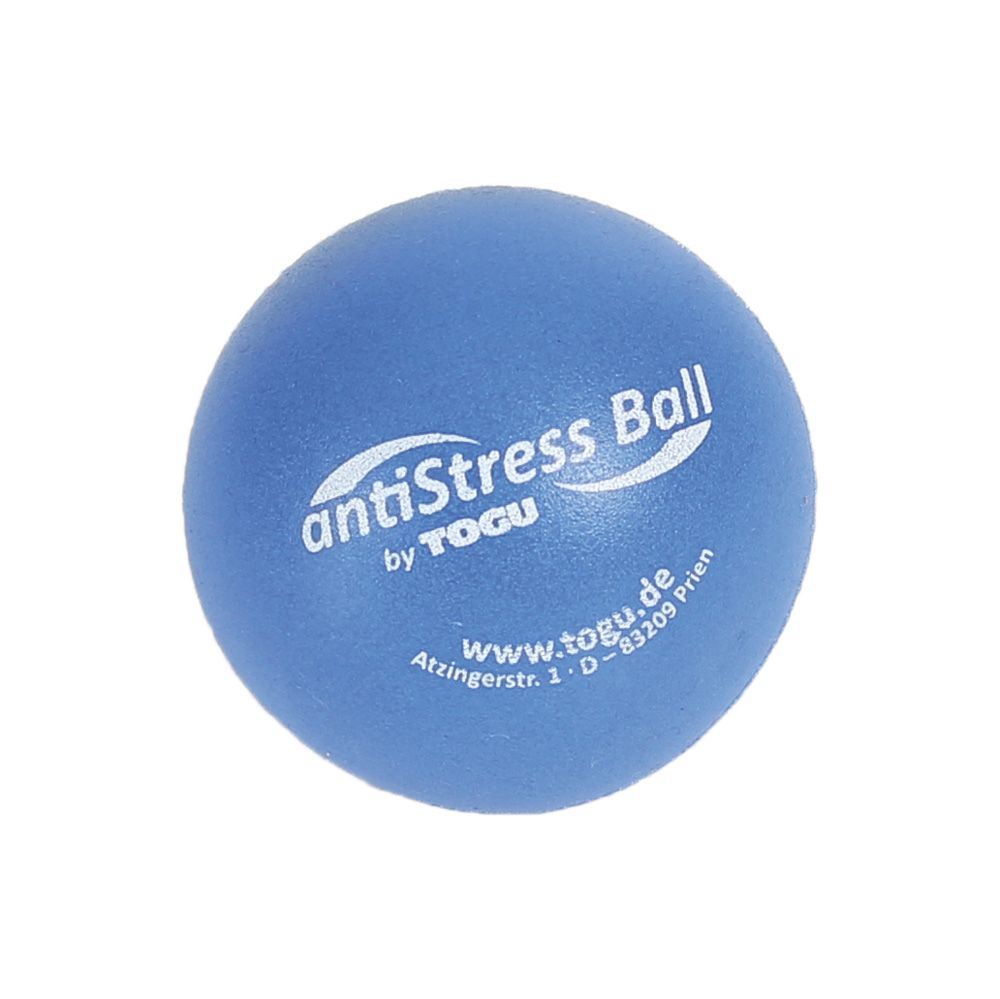 Blauer Anti-Stress-Ball mit weißem Aufdruck. Text: antiStress Ball by TOGU, www.togu.de, Adresse.