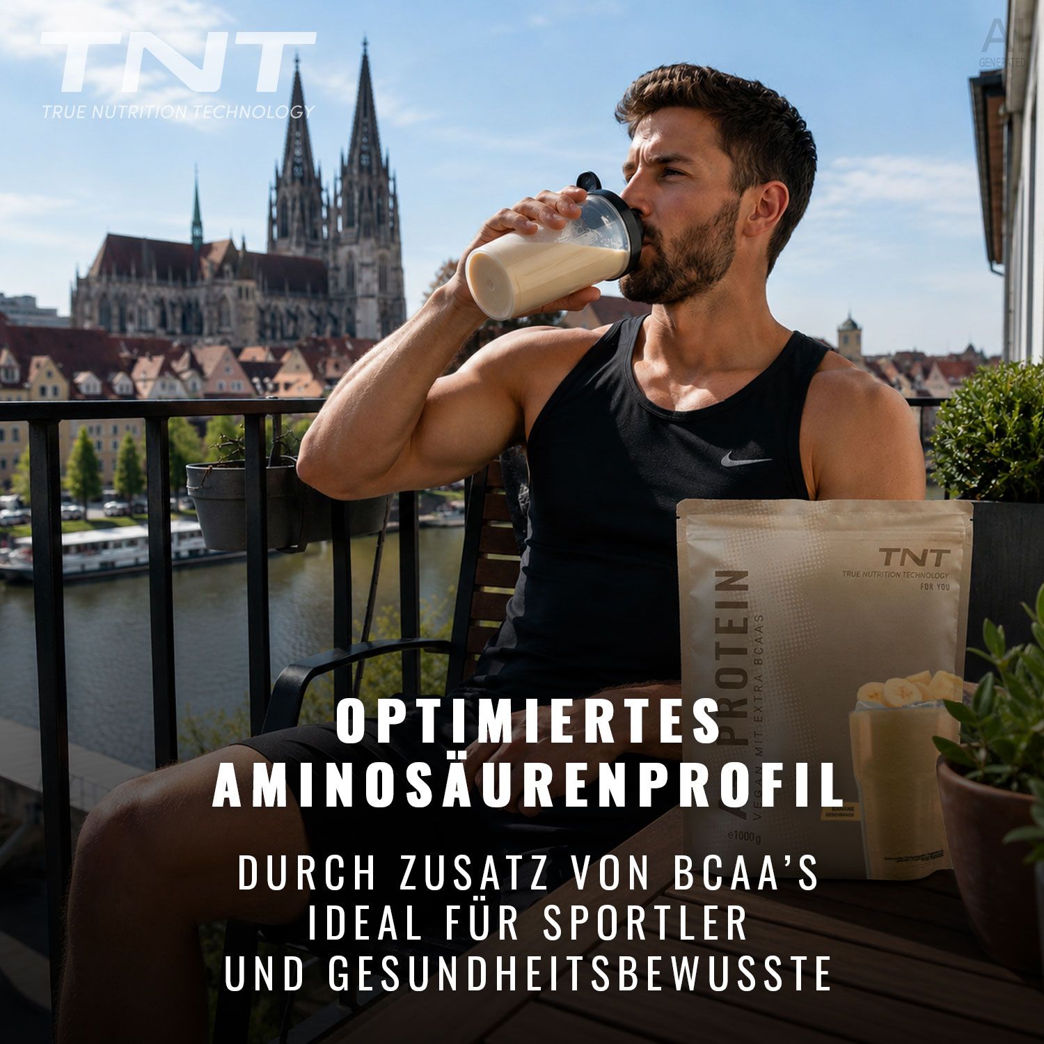 Mann trinkt Proteinshake auf Balkon neben TNT A+ Protein Beutel.
