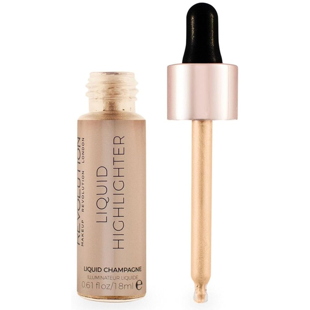 Flüssiger Highlighter in einer Glasflasche mit Pipette. Aufschrift: Liquid Highlighter, Liquid Champagne. 0.61 fl.oz/18ml.