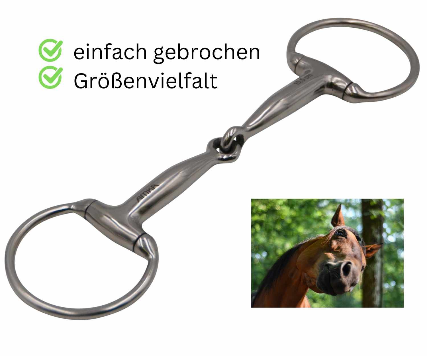 Edelstahl-Olivenkopftrense, einfach gebrochen. Text: einfach gebrochen, Größenvielfalt. Kleines Pferdebild.
