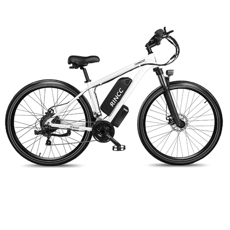 Weißes E-Mountainbike mit schwarzen Reifen und Akku. Marke Rincc, Modell RN50. Schwarzer Sattel und Lenker.