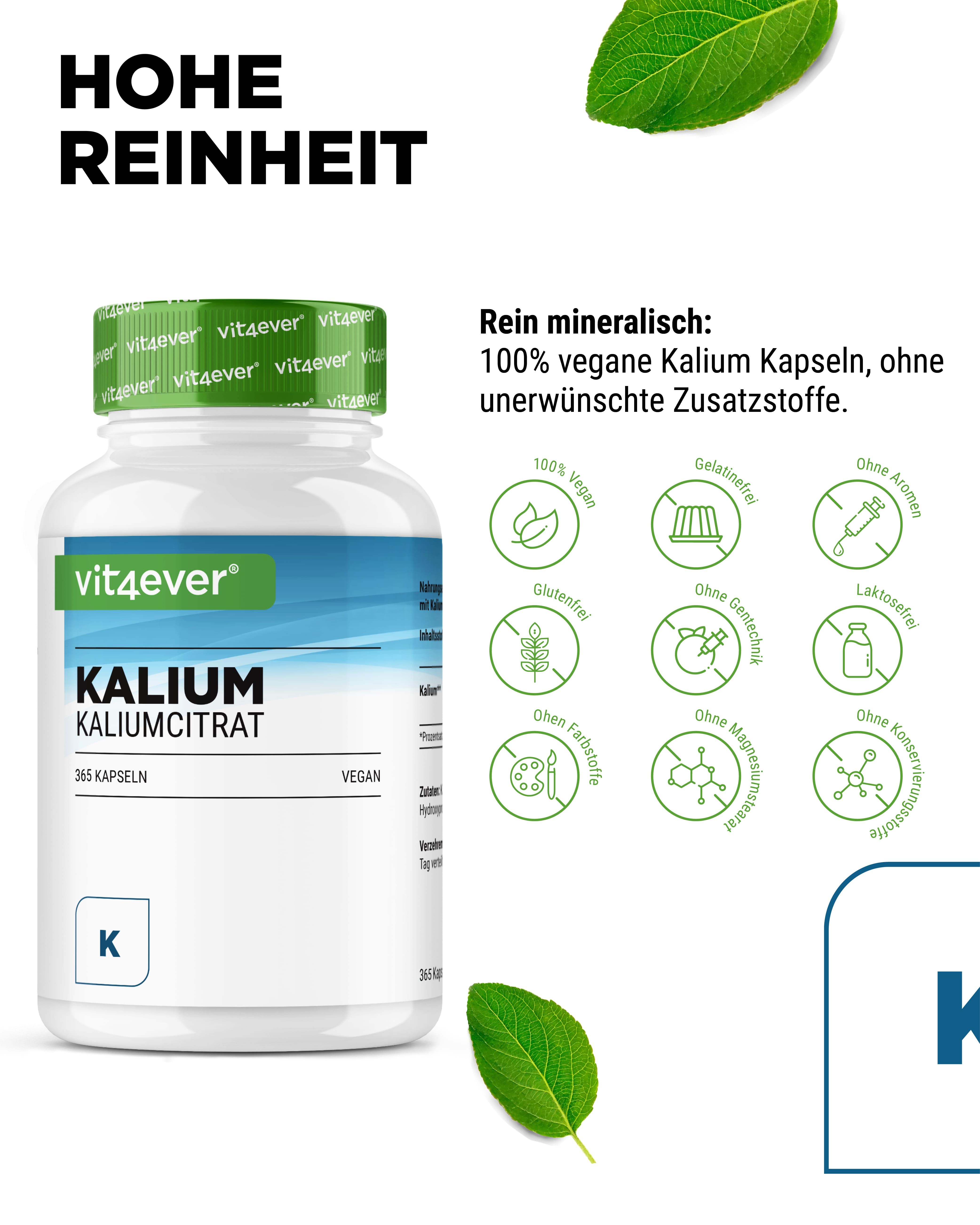 Flasche mit Aufschrift: vit4ever, Kalium Kaliumcitrat, 365 Kapseln, Vegan. Icons: vegan, glutenfrei, ohne Aromen, laktosefrei.
