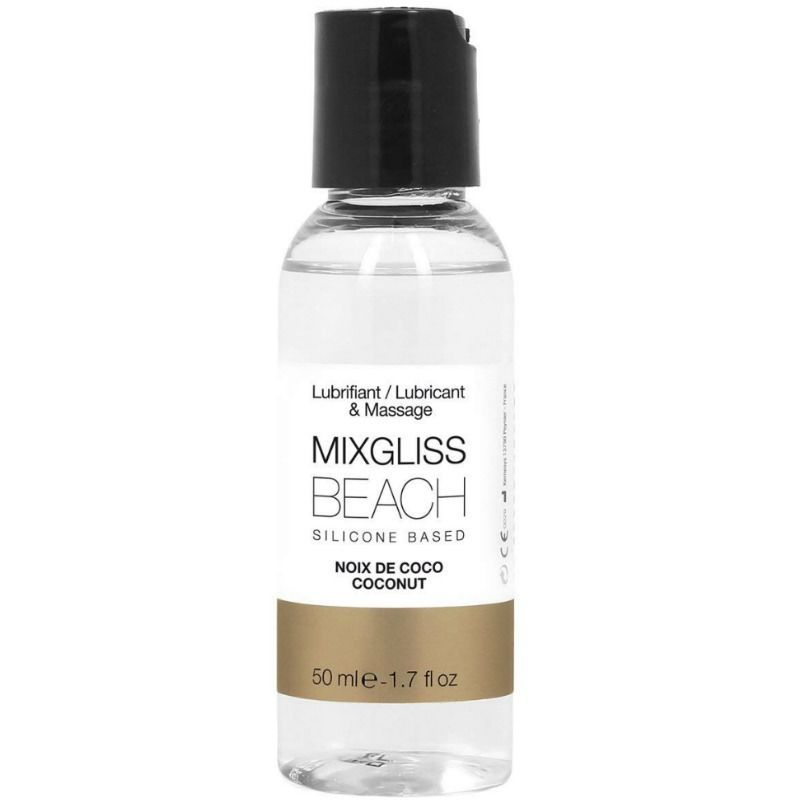 Transparente Flasche mit schwarzem Deckel. Aufschrift: Mixgliss Beach, Kokosnuss. Unterer Teil goldfarben. 50 ml.