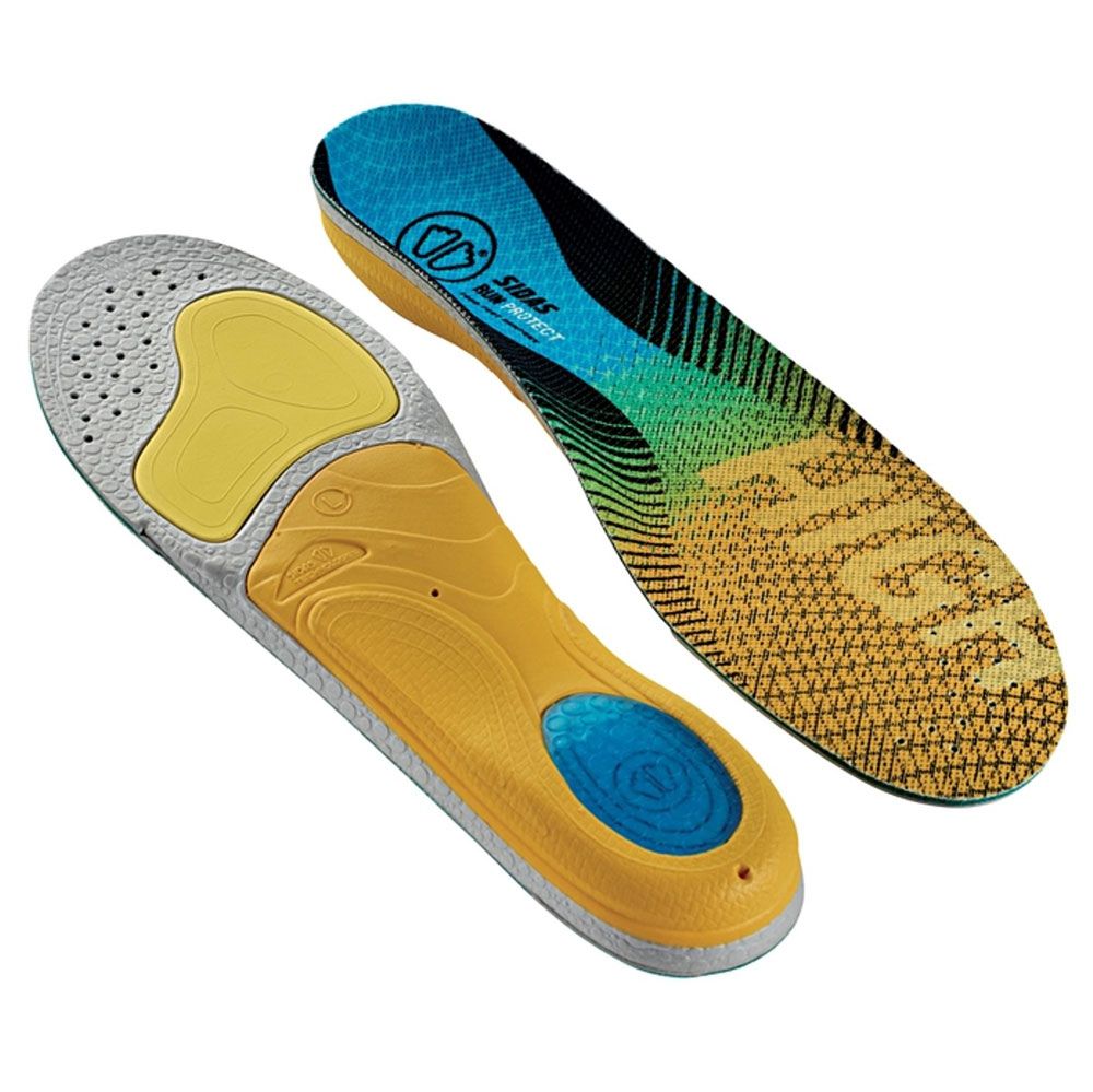 Zwei Einlegesohlen. Gelbe, blaue und grüne Elemente. Aufschrift: SIDAS RUN PROTECT. Perforierte Oberfläche.