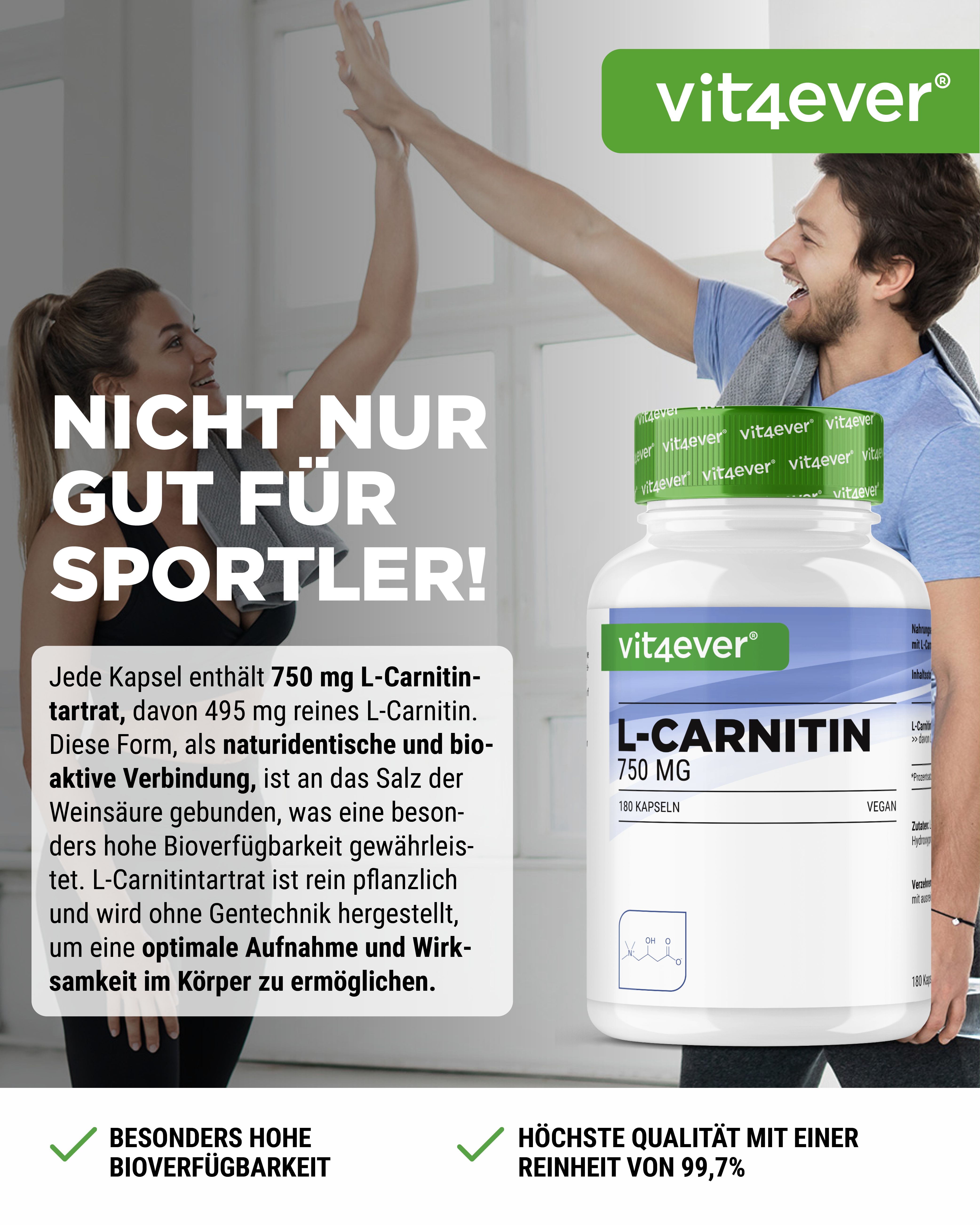 Weißes Flasche mit grünem Deckel. Aufschrift: vit4ever L-Carnitin 750 mg. Vegan. Zwei Personen jubeln im Hintergrund.