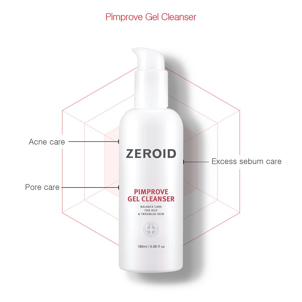 Weiße Flasche Zeroid Pimprove Gel Cleanser mit Diagramm. Für Akne-, Poren- und überschüssige Talgpflege. 180ml.