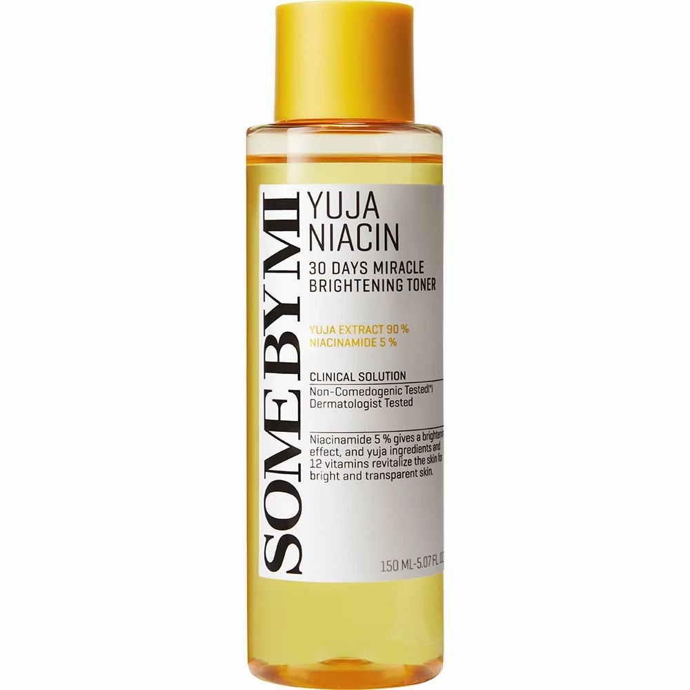 Gelbe Flasche mit gelbem Deckel. Aufschrift: Yuja Niacin 30 Days Miracle Brightening Toner. Marke: SOME BY MI.