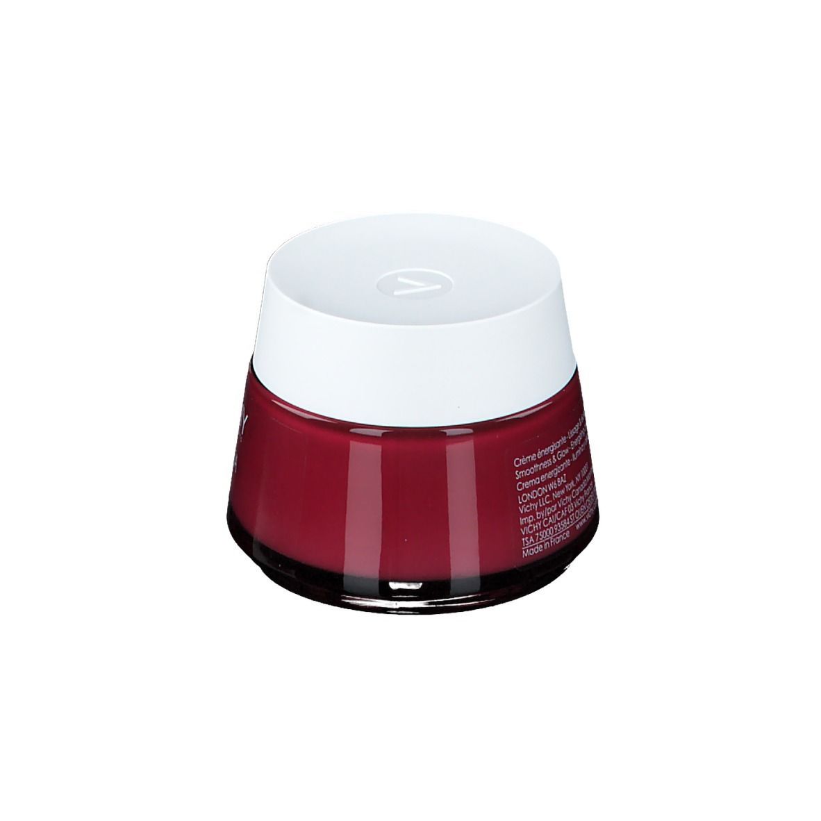 Roter Tiegel mit weißem Deckel. VICHY-Logo und Idéalia-Schriftzug. Aufschrift auf dem Tiegel. Weißer Deckel, roter Tiegel.