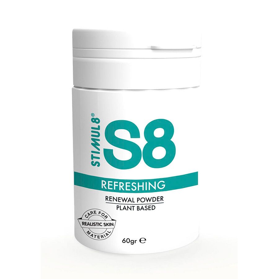 Weiße Dose mit grünem Streifen. Aufschrift: STIMUL8, S8, Refreshing, Renewal Powder, Plant Based. Logo: Care for Realistic Skin Material. 60gr e.