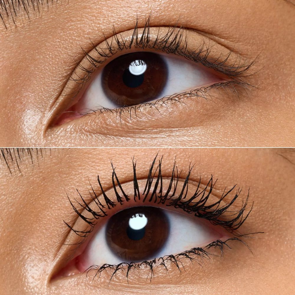 Zwei Augen, eines mit und eines ohne Mascara. Die Wimpern sind deutlich verlängert.
