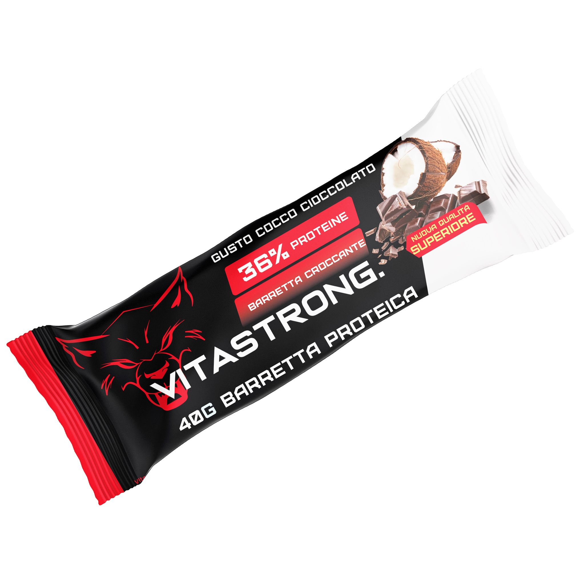 Proteinriegel mit Kokos-Schokoladen-Geschmack. Schwarze Verpackung mit rotem Logo und Schriftzug Vitastrong. 40g Riegel, 36% Protein.