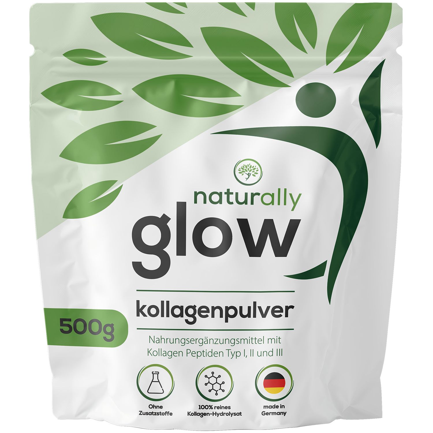 Weißer Beutel « naturally glow Kollagenpulver » mit 500g. Text: « Ohne Zusatzstoffe ». Logo: naturally glow. Zertifizierungen.