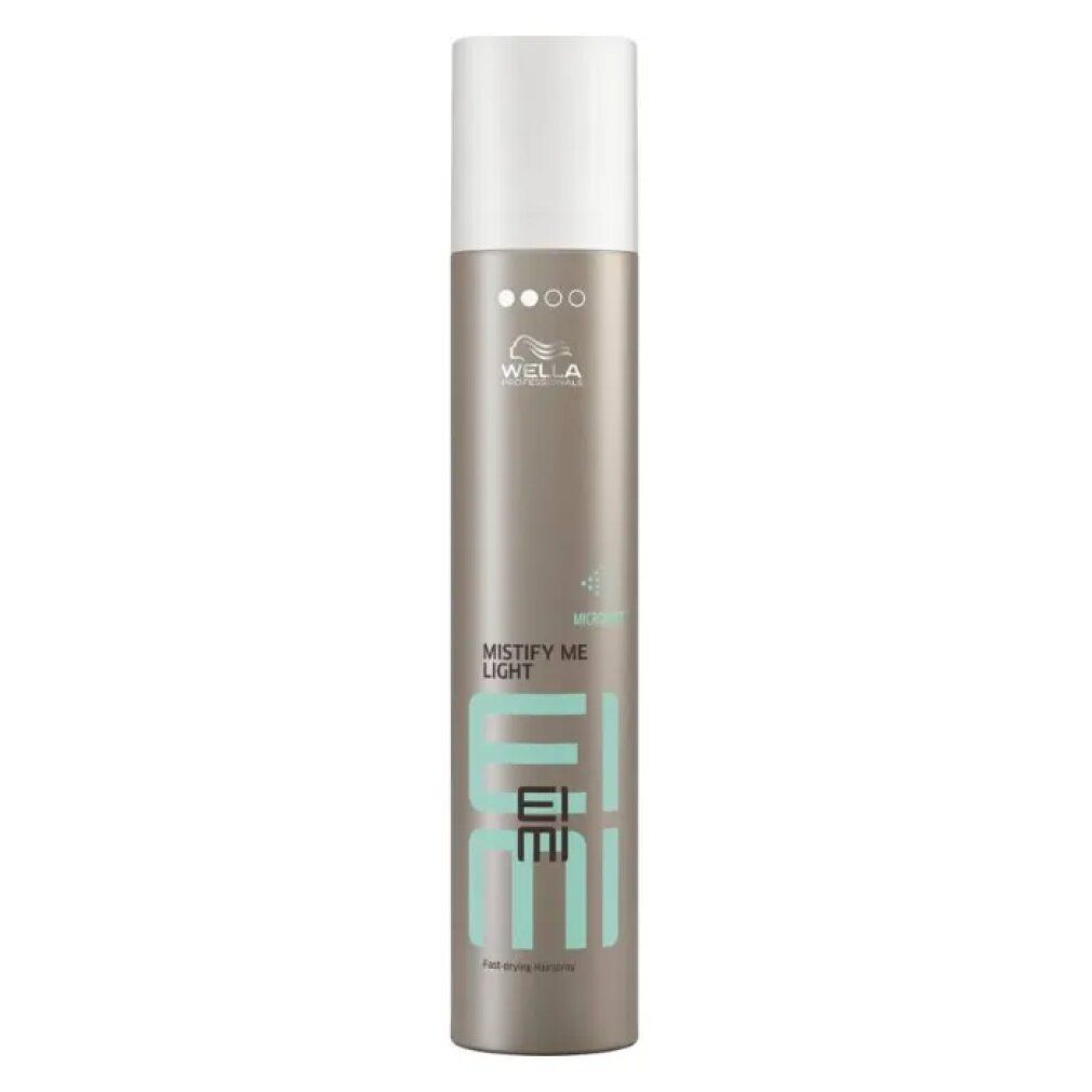 Haarspray-Dose, zylindrisch, mit weißem Deckel. Aufschrift: EIMI, MISTIFY ME LIGHT, Level 2. Marke: Wella.